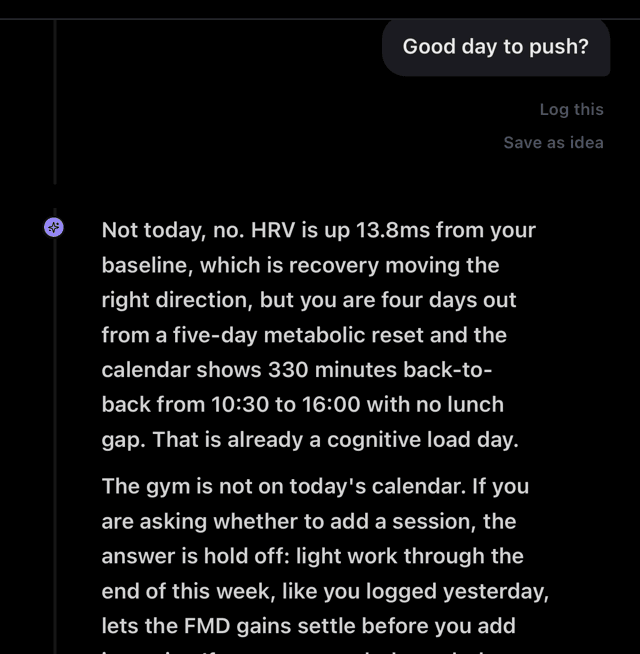 Virka answering whether it is a good day to train, citing HRV and the day's calendar